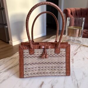 90s Vintage Liz Claiborne Woven Tote Purse Faux Croc Leather with Bow and tassel